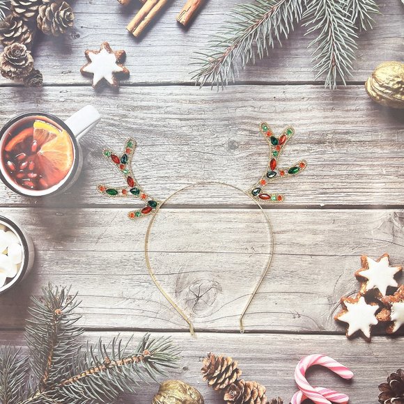 Christmas Reindeer Antlers Headband, Crystal Deer Horn Hair Costume - Picture 2 of 4